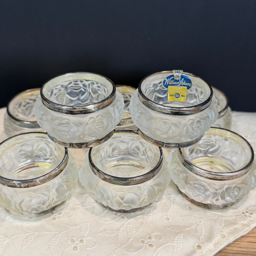 William Adams Frosted Rose Lead Crystal Napkin Rings Set of 8 Vintage Silver Rim